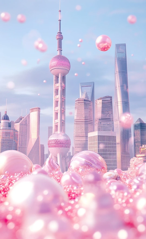 东方明珠与摩天大楼的粉色梦幻景致