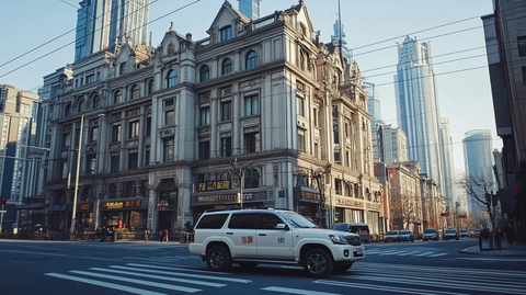 城市街道中古典建筑旁的车辆