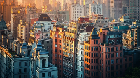 色彩丰富的城市建筑群俯瞰景象