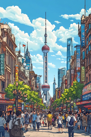 东方明珠塔下繁华的城市街道景象