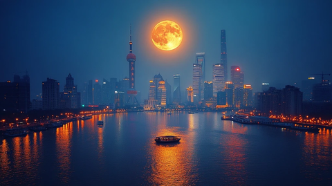 黄浦江畔满月夜景中的上海陆家嘴