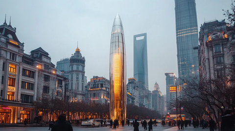 城市街道中矗立着独特造型的高大建筑