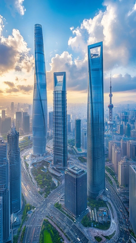 城市天际线俯瞰视角下的摩天大楼群