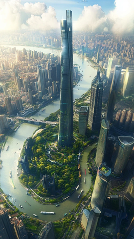 城市河流旁的摩天大楼群鸟瞰全景