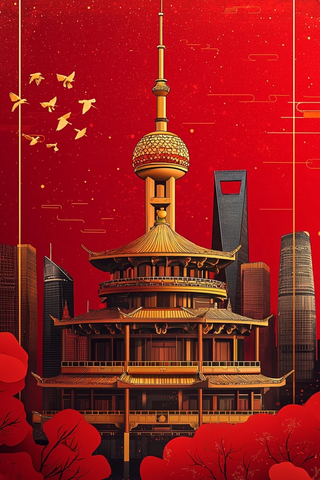 东方明珠塔与现代建筑交相辉映的城市景观