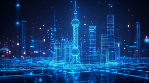 上海城市夜景数字化线条建筑效果