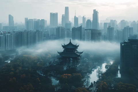 城市中古建筑被雾气环绕的景象