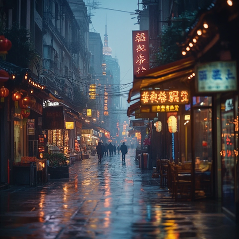 雨夜城市街道行人漫步灯光璀璨景象