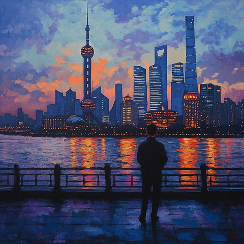 男子江边眺望灯火辉煌的城市夜景