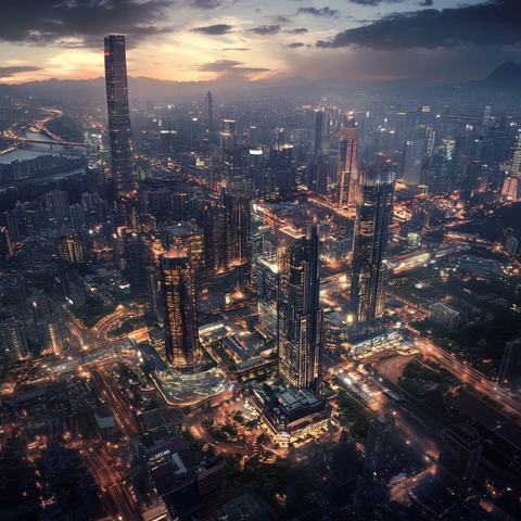 俯瞰城市夜景灯火辉煌的摩天大楼群