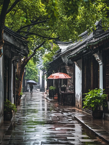 雨中撑伞人走在古街的唯美画面