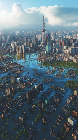 现代化大都市中被水淹的区域鸟瞰全景