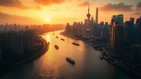 日落时分航拍城市河流的全景