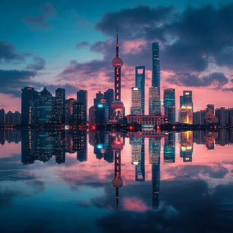 上海陆家嘴城市天际线的黄昏夜景