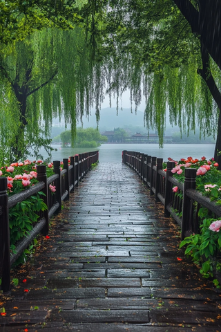 水边柳荫下的石板路景观