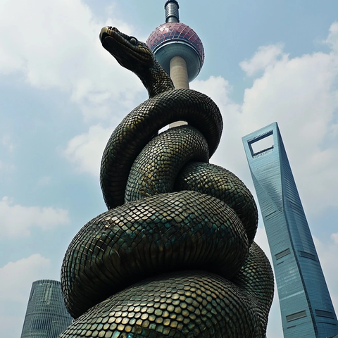 东方明珠旁的巨蛇雕塑