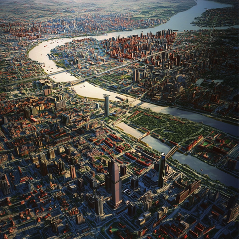 城市鸟瞰图河流贯穿高楼林立的市区