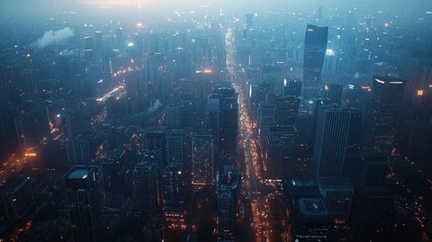 雾霭中灯火辉煌的城市夜景鸟瞰全景