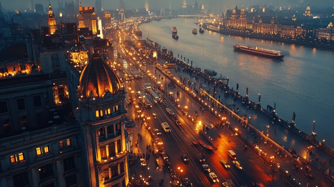 城市夜景俯瞰灯火辉煌的河畔大道