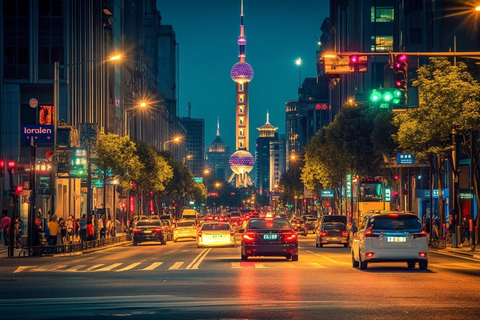 东方明珠塔下繁华的城市街道夜景