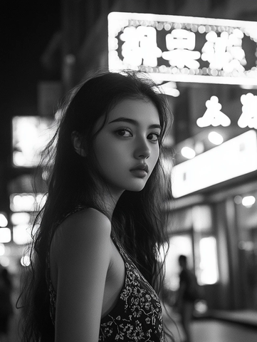 夜灯下街头长发女子的黑白人像