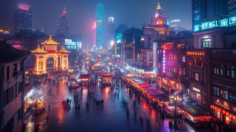 繁华都市夜景下热闹的商业街