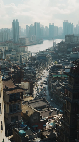 城市老街与现代高楼并存的景象