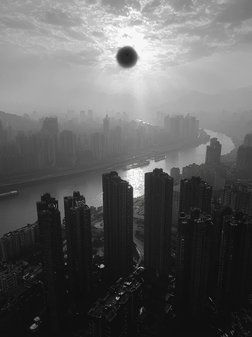 城市高楼间河流上的日食景象