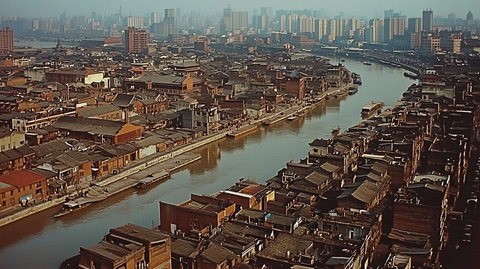 俯瞰河流两岸的城市建筑风貌