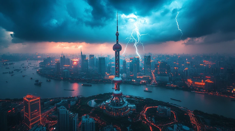 闪电下的东方明珠塔城市夜景鸟瞰全景