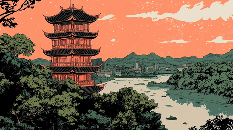 传统风格塔楼与山水风景融合的画面