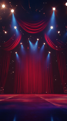 红色舞台幕布与聚光灯