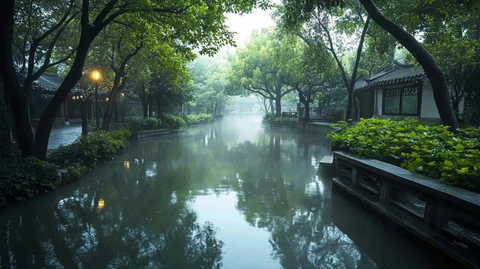 绿树环绕的江南水乡河流景色