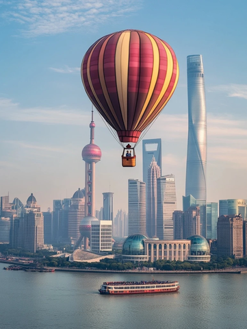 城市上空的热气球与现代化的高楼景观