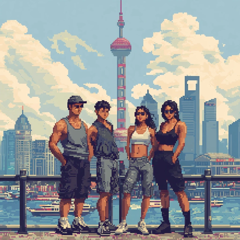 东方明珠前站着的四个年轻人