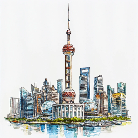 东方明珠塔领衔的城市建筑群绘