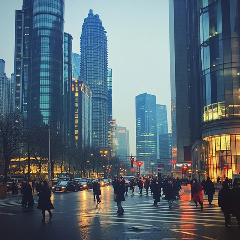 繁华都市街头行人车辆穿行的夜景