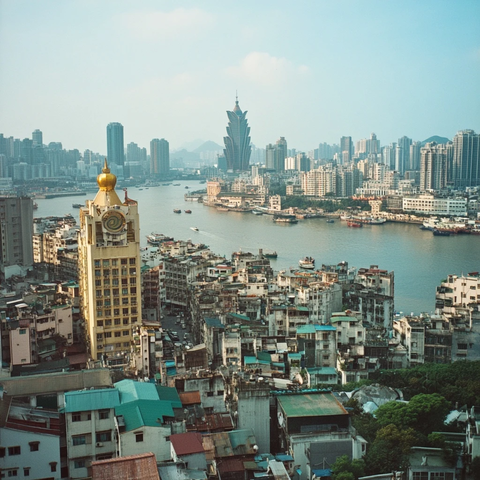 城市河畔的密集建筑与标志性钟楼景观