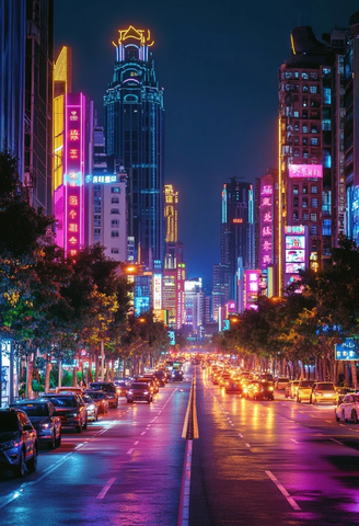 霓虹灯下车水马龙的城市夜景