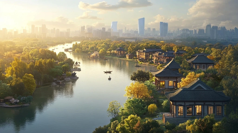 河流两岸中式建筑与现代都市的融合景观