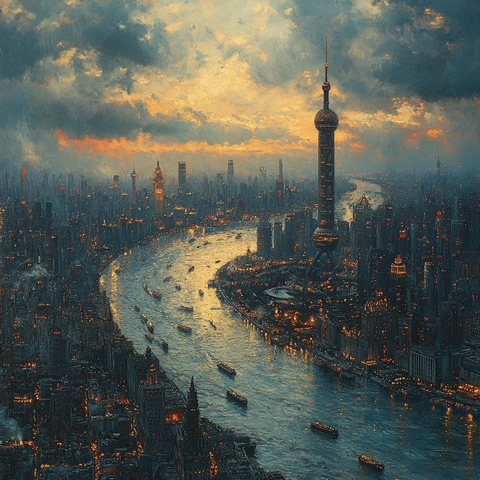 上海夜景俯瞰视角下的黄浦江畔