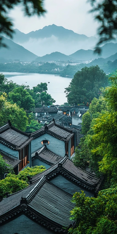 山林间的传统建筑与湖泊远景