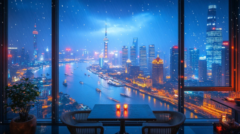 雪夜窗边赏灯火辉煌的城市江景