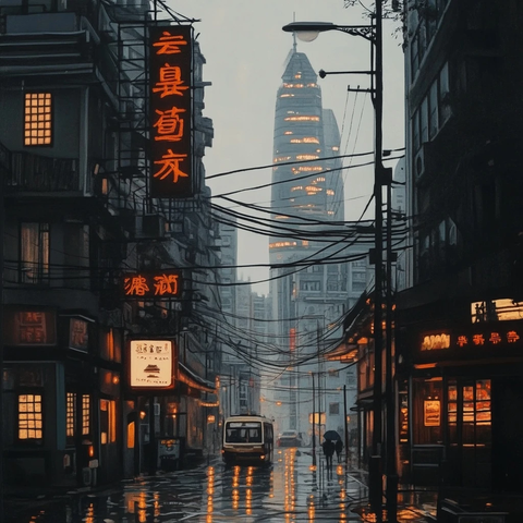 雨夜城市街道新旧建筑对比鲜明的景象