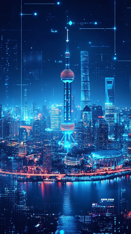上海夜景灯光璀璨的东方明珠塔及周边