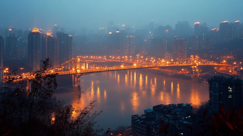 雾霭中灯火辉煌的城市桥梁夜景