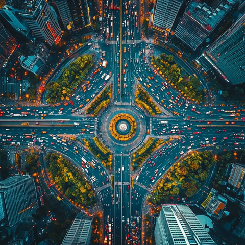 俯瞰城市交通枢纽的繁忙车流景象