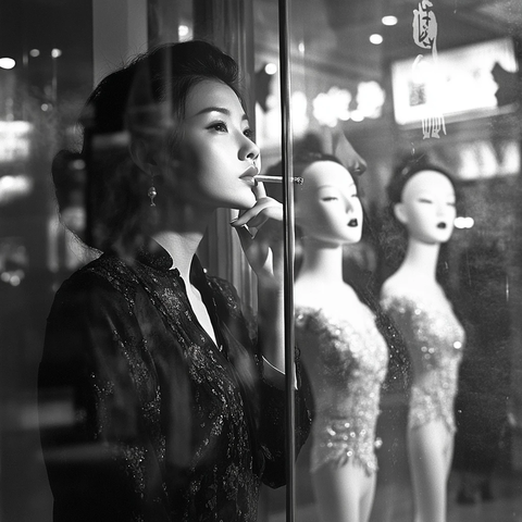 橱窗旁抽烟的女子黑白艺术照