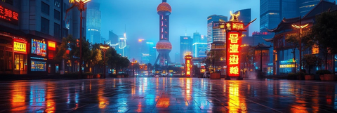 东方明珠夜景雨后都市霓虹街景