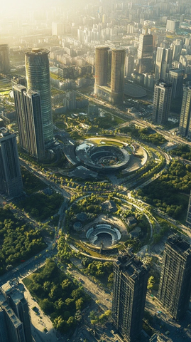 现代都市高楼间的独特绿地景观鸟瞰图